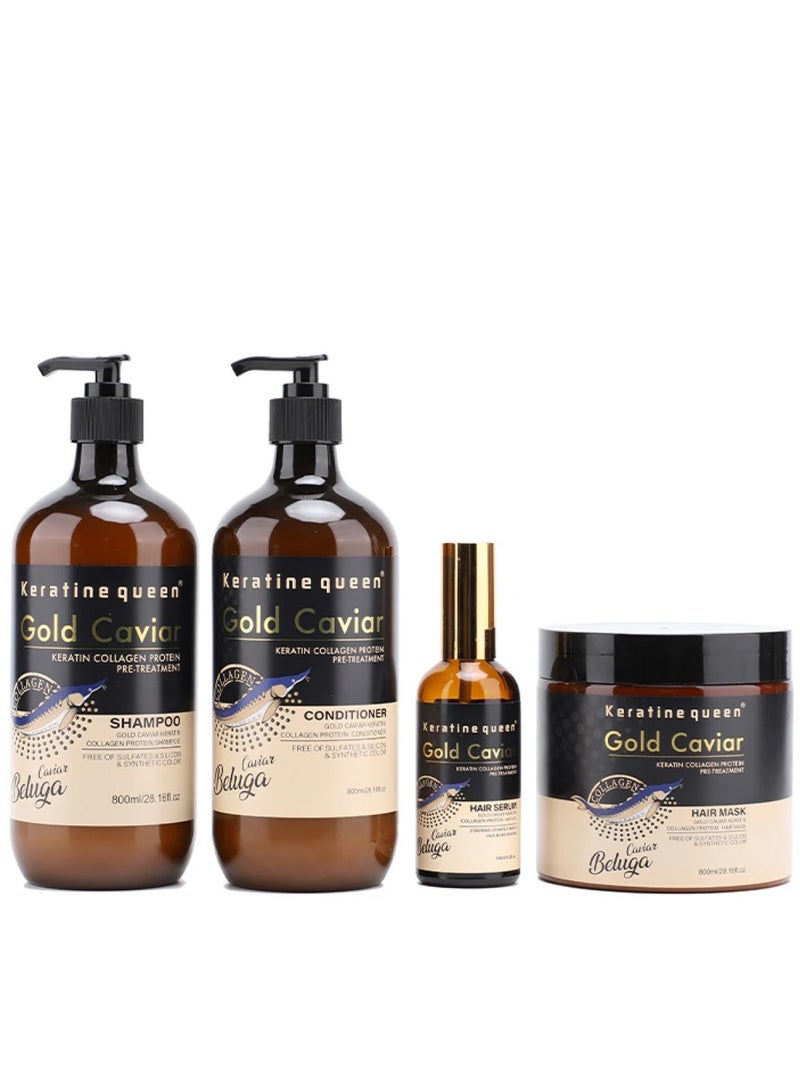 Keratine Queen 4 in 1 Gold Caviar Keratin Collagen Protein Pre - Treatment set. Conditioner 800ml ,Shampoo 800ml, Hair Mask 800ml & Hair Serum/Oil 100ml.