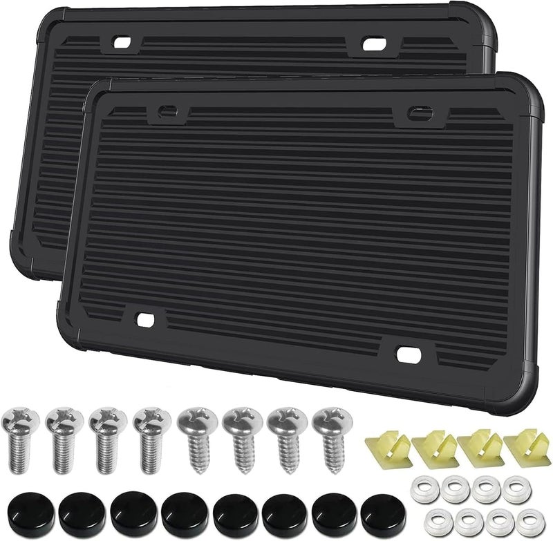 AOOTF Black License Plate Frames-2 Pack Silicone License Plate Cover Front & Rear Tag Slim Holder with Screws, Screw Caps, with Rust-Proof. Rattle-Proof. Weather-Proof. for Women & Men - Image 1