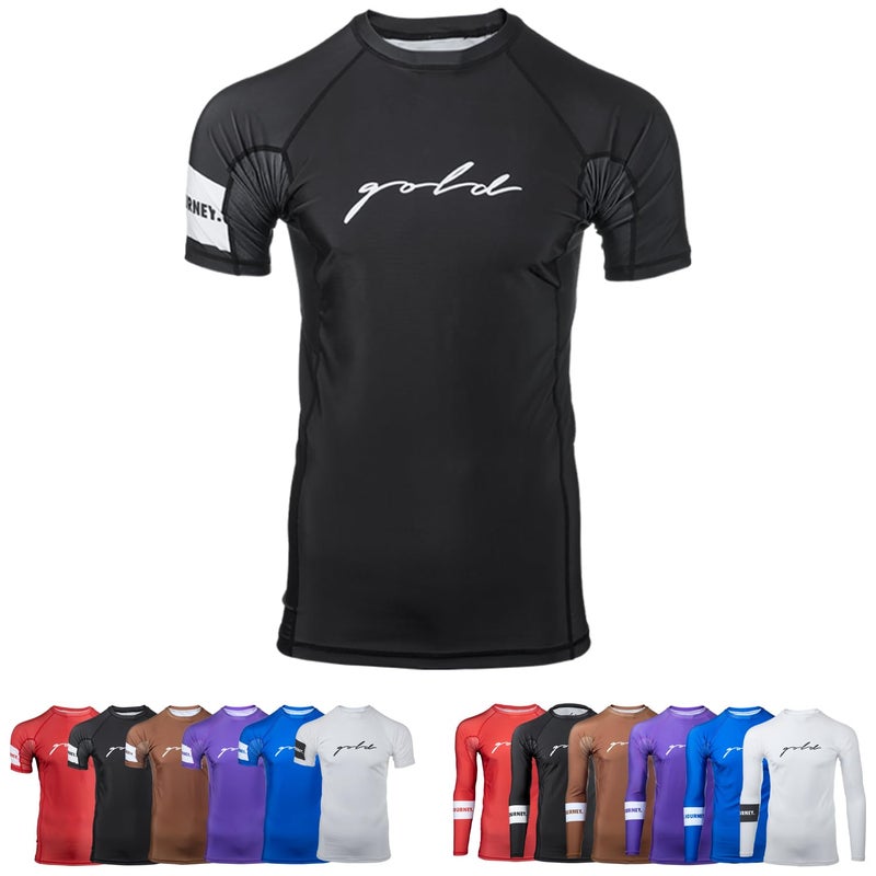Gold BJJ Foundation Rash Guard Ranked NoGi and Gi Jiu Jitsu Rashguard Short Sleeve Black 3XL