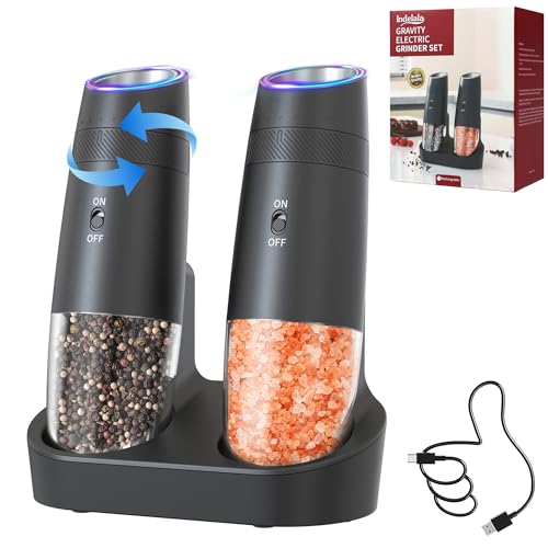 Indelala Gravity Electric Pepper and Salt Grinder Refillable Set - Automatic Shakers Pepper Mill, Adjustable Coarseness, with Rechargeable Base & LED Light - Image 1