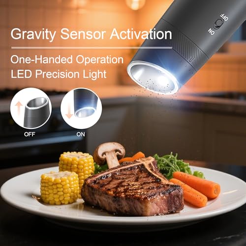 Indelala Gravity Electric Pepper and Salt Grinder Refillable Set - Automatic Shakers Pepper Mill, Adjustable Coarseness, with Rechargeable Base & LED Light - Image 2