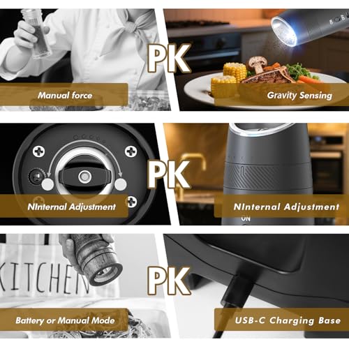 Indelala Gravity Electric Pepper and Salt Grinder Refillable Set - Automatic Shakers Pepper Mill, Adjustable Coarseness, with Rechargeable Base & LED Light - Image 5