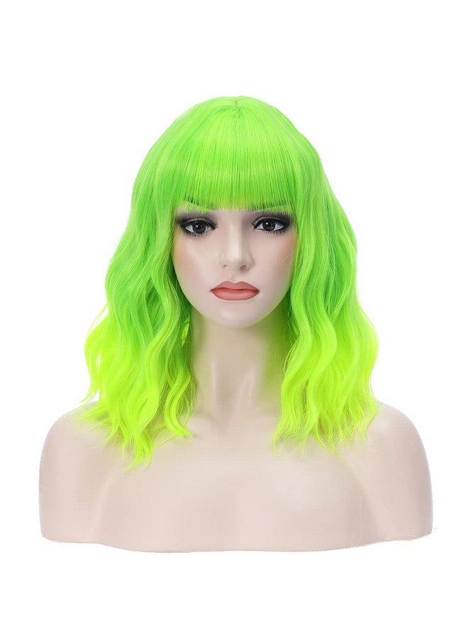 BERON باروكة قصيرة مجعدة باللون الأخضر الليموني 14 بوصة مع غرة باروكة خضراء نيون باروكات صناعية للنساء والفتيات باروكة أومبري خضراء مع غطاء باروكة - Image 3