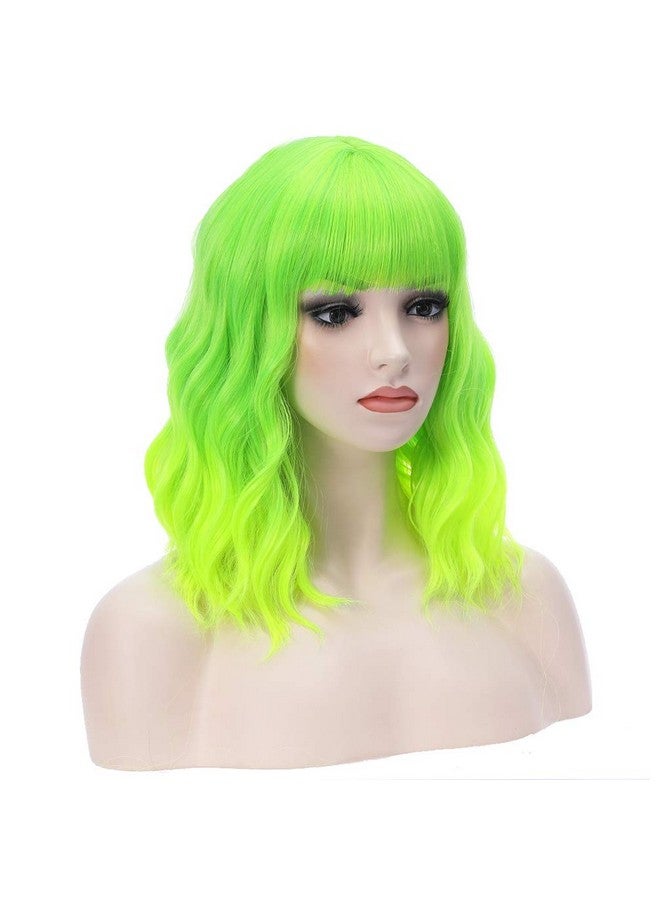 BERON باروكة قصيرة مجعدة باللون الأخضر الليموني 14 بوصة مع غرة باروكة خضراء نيون باروكات صناعية للنساء والفتيات باروكة أومبري خضراء مع غطاء باروكة - Image 4