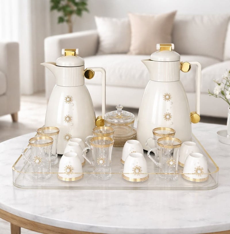 Radin Exclusive 22 Piece Tea and Coffee Set Perfect For Ramadan Kareem 2 Thermos Flasks 6 Tea Cups With Saucers 6 Coffee Cups 1 Acrylic Tray 1 Sugar Bowl New Collection - Image 1
