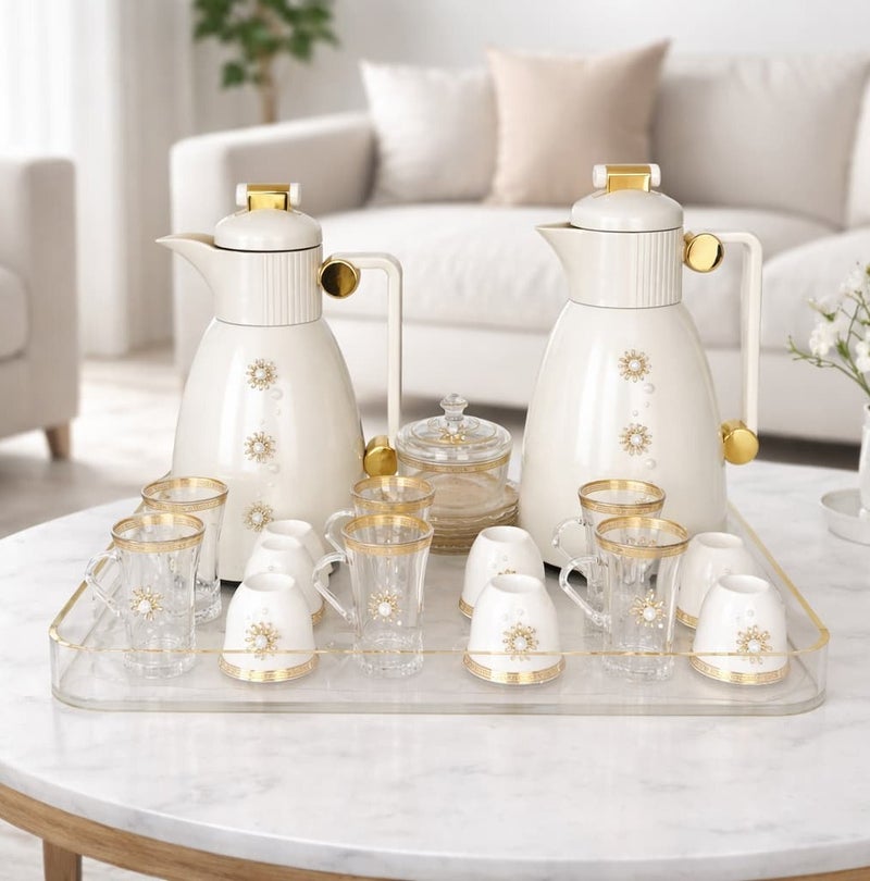 Radin Exclusive 22 Piece Tea and Coffee Set Perfect For Ramadan Kareem 2 Thermos Flasks 6 Tea Cups With Saucers 6 Coffee Cups 1 Acrylic Tray 1 Sugar Bowl New Collection - Image 2