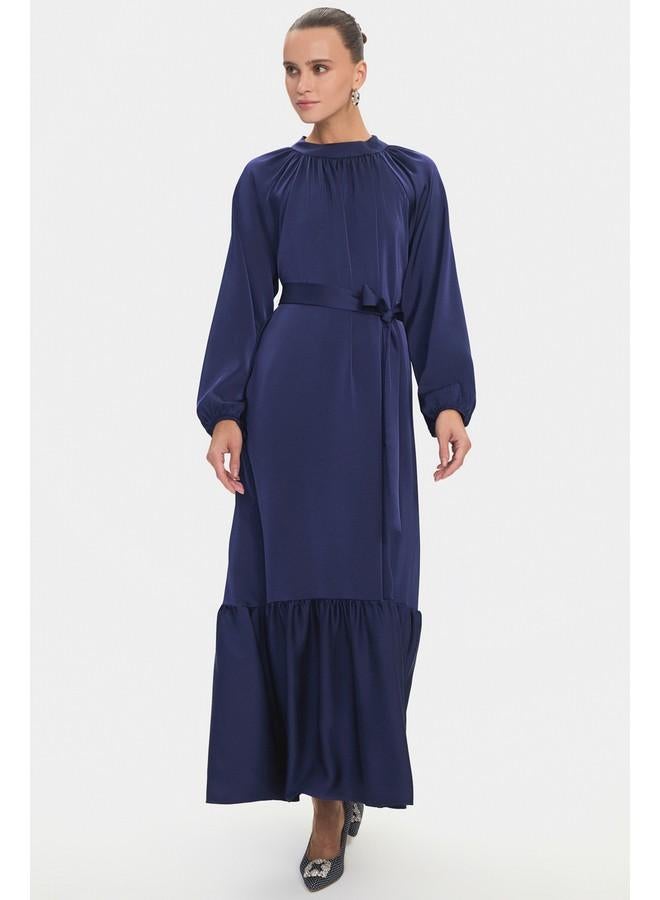 جون فستان ماكسي نسائي بياقة دائرية وأكمام بالون وتفاصيل كشكش وحزام - كحلي - Image 2