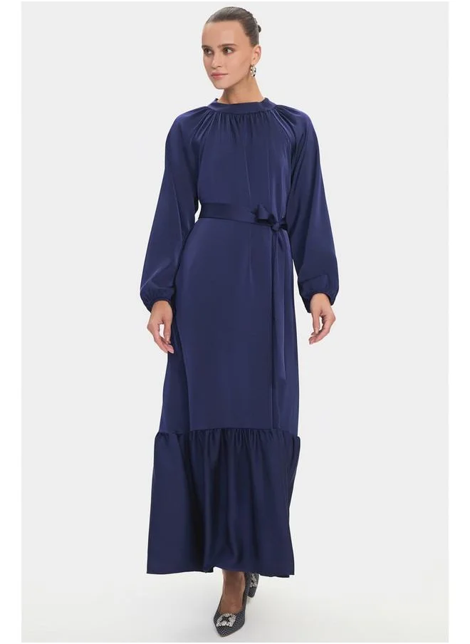 جون June Women Crew Neck Balloon Sleeve Flounce Detail Belted Maxi Dress Navy