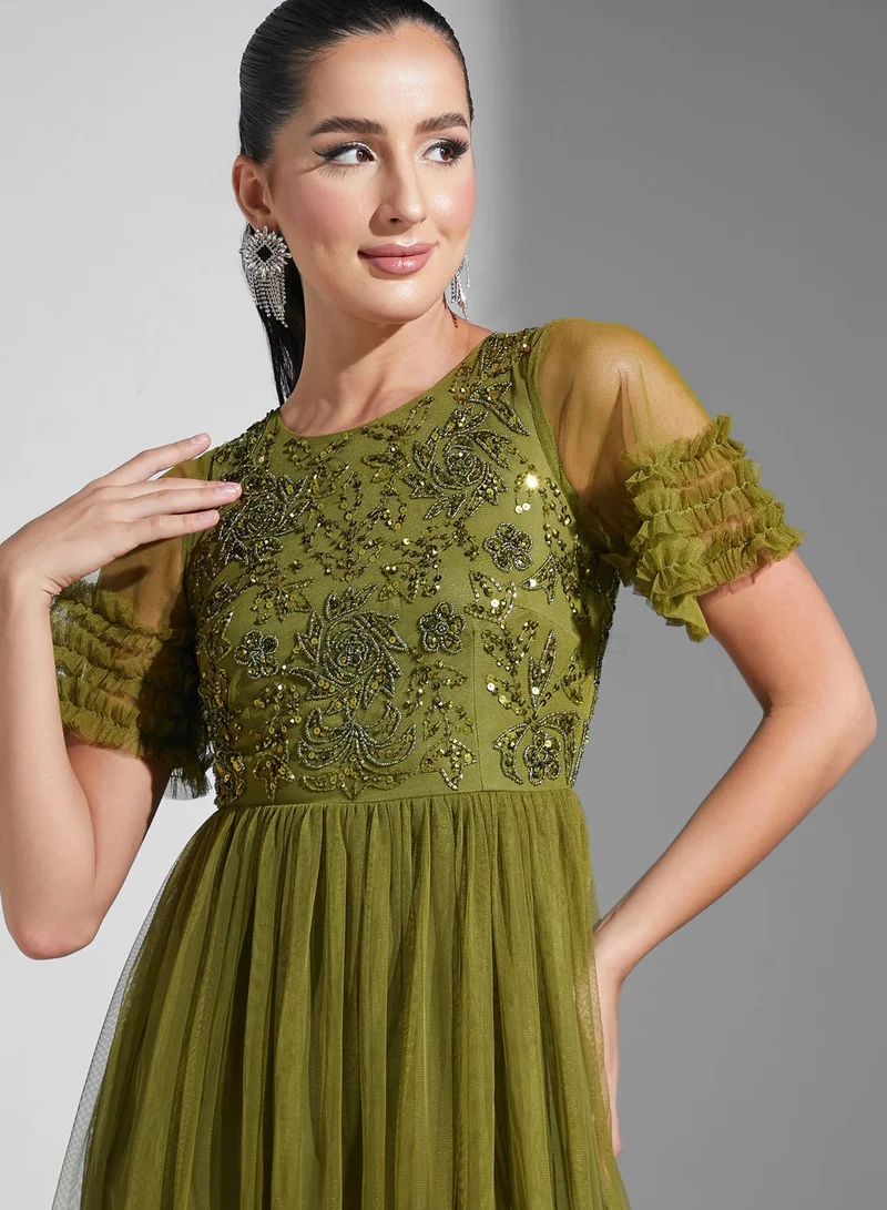 Namshi x Sequined Bodice Mesh Dress With Ruffle Sleeves