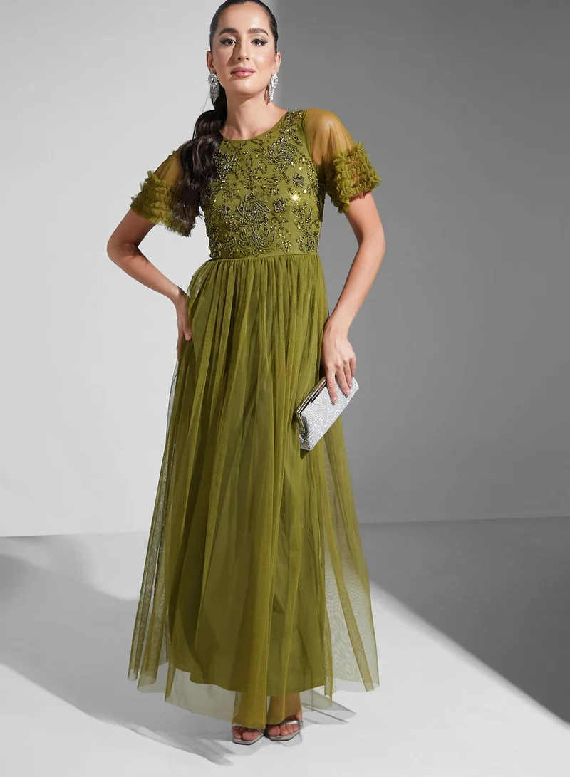 Namshi x Sequined Bodice Mesh Dress With Ruffle Sleeves