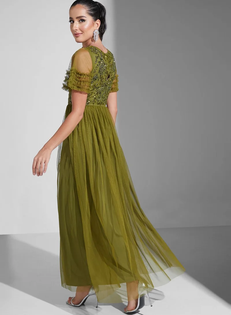 Namshi x Sequined Bodice Mesh Dress With Ruffle Sleeves