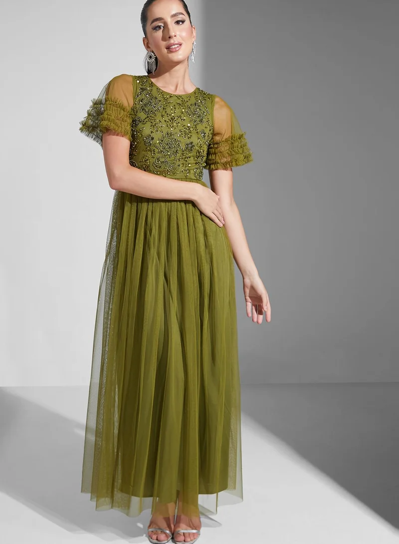 Namshi x Sequined Bodice Mesh Dress With Ruffle Sleeves