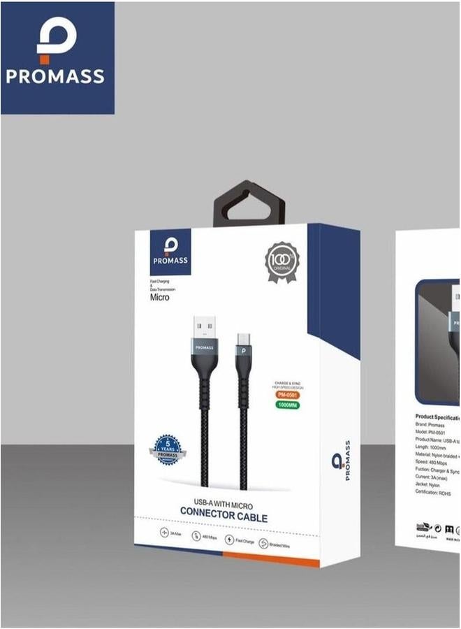 PROMASS Micro Charging Cable 1 meter long anti cutting fabric supports 3A fast charging - Image 1