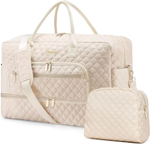 LUOCIP Weekender Overnight Bag Women: Large Travel Duffle Bag with Shoe Compartment & Wet Pocket Carry On Tote Bag Gym Duffel Bag with Toiletry Bag Bag for Hospital Beige - Image 1