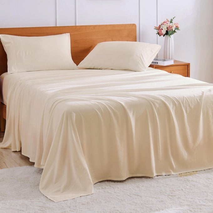 4PCS KING SIZE SHEETS SET 1016 DEEP POCKET NONSLIP ELASTIC CORNER STRAPS WASHED BRUSHED MICROFIBER POLYESTER HOTEL LUXURY ULTRA SOFT BREATHABLE WRINKLEFREE ANTIRIP BEIGE