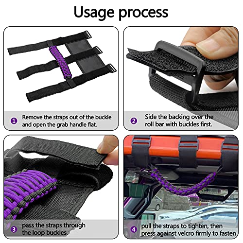 Kujunpao4 X Roll Bar Grab Handles Grip Handle Compatible with Jeep Wrangler JLU JK JKU TJ YJ LJ JT JL & Gladiator JT 1987-2021 UTV & ATV, Fits 1.5 to 3 Inch Bars 3 Straps Woven Holder(Purple) - Image 4