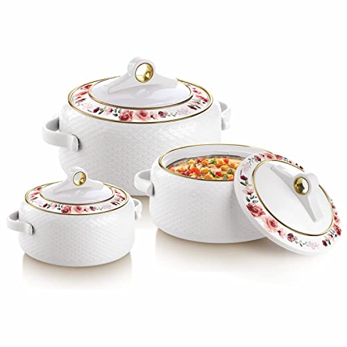 Nayasa Casserole Insulated Serving Tureen Hot Pot Thermoware with Inner Stainless Steel (White, 3PC Small Set (500+1000+1500ml))(SH) - Image 1