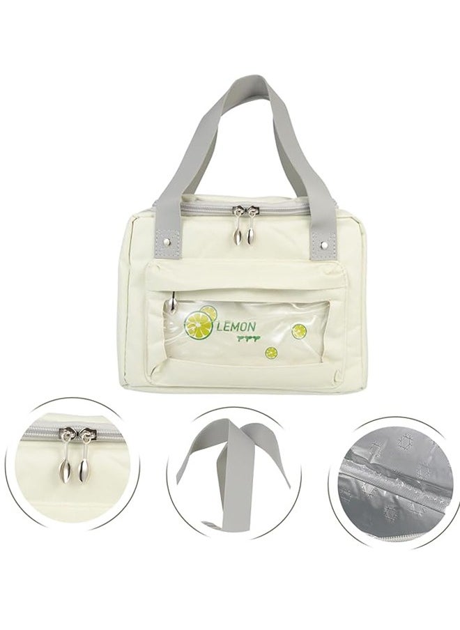 Generic Lunch Bag Portable Bento Bag Tote Purse For Child Hand Bags Polyester Insulated Bag,Beige Grey  - Image 2
