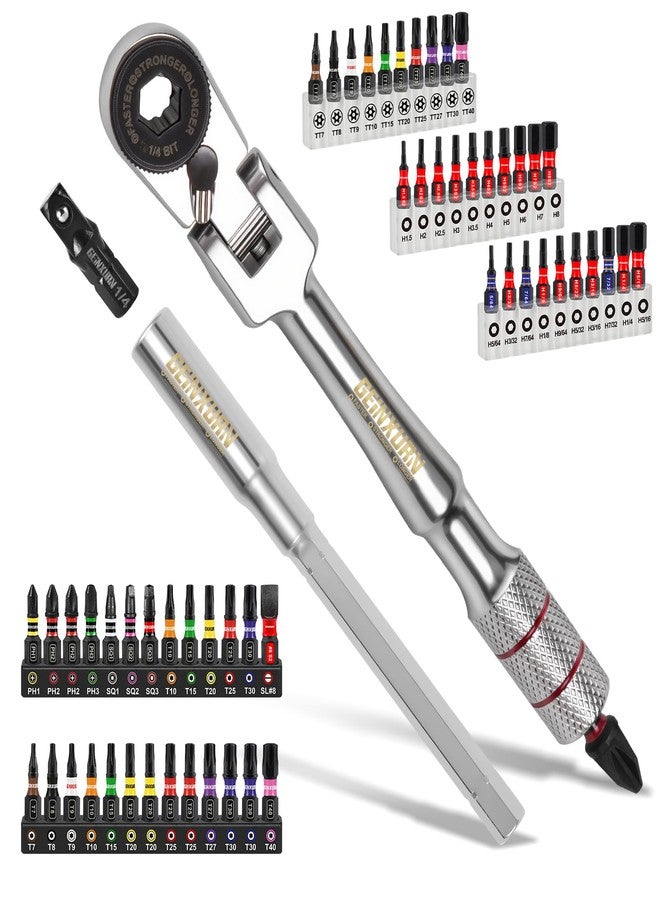 Geinxurn 60Pcs Screwdriver Set with 180° Pivoting 13-Position Adjustable Angle Changeable Ratchet Wrench, Extension Bar,1/4" Socket Adapter, and 1”Impact Magnetic (Phillips/Torx/Hex) Screwdriver Bit - Image 1