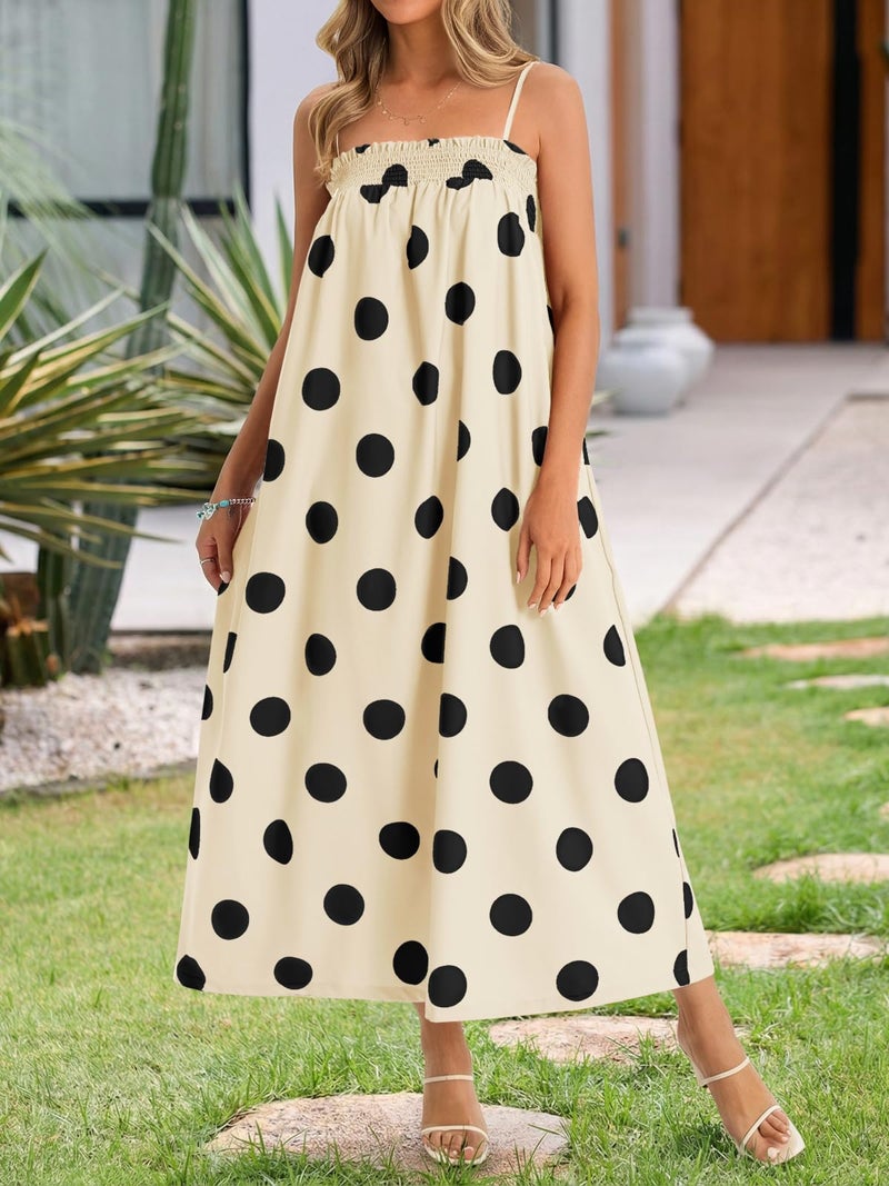 Wenrine Womens Summer Polka Dot Maxi Dress Casual Spaghetti Strap Smocked Loose Vacation Beach Dresses with Pockets - Image 5