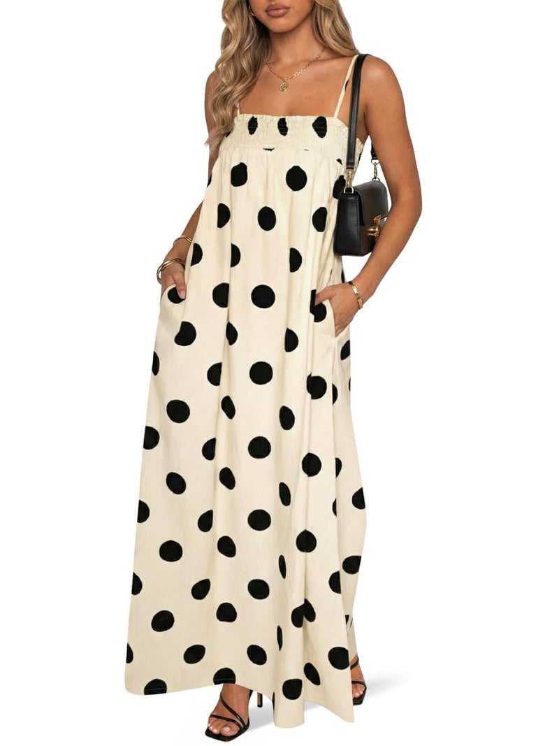 Wenrine Womens Summer Polka Dot Maxi Dress Casual Spaghetti Strap Smocked Loose Vacation Beach Dresses with Pockets - Image 1