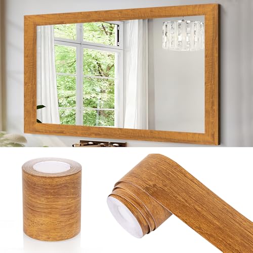 Brown Wooden Grain Mirror Border Peel and Stick Wallpaper Self Adhesive Waterproof Wallpaper Mirror Frame Tape for Bathroom Decor Peel and Stick Trim Removable Kitchen Wall Decor 196 x 236