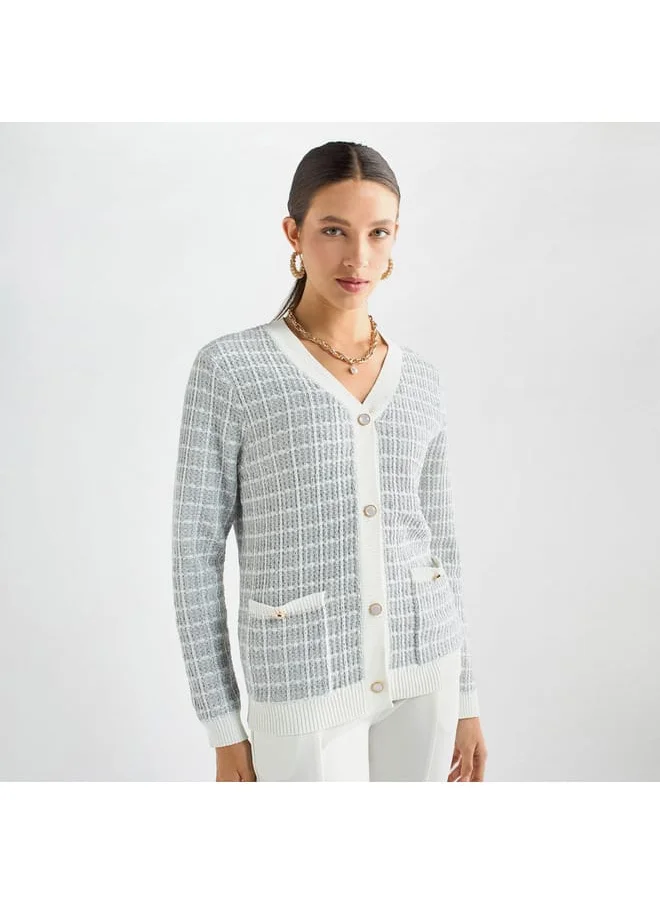 FAV Checked V-Neck Cardigan with Button Closure and Pockets