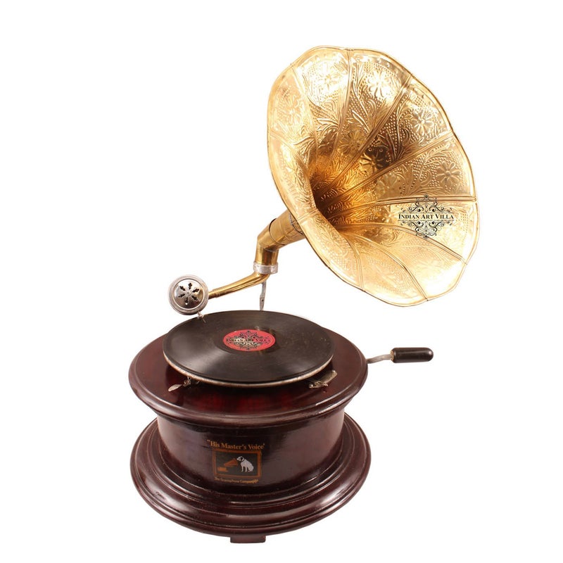 Indian Art Villa Round Wooden Base Phonograph Gramophone with Designer Brass Horn for Recording Playing Music Decorative Item