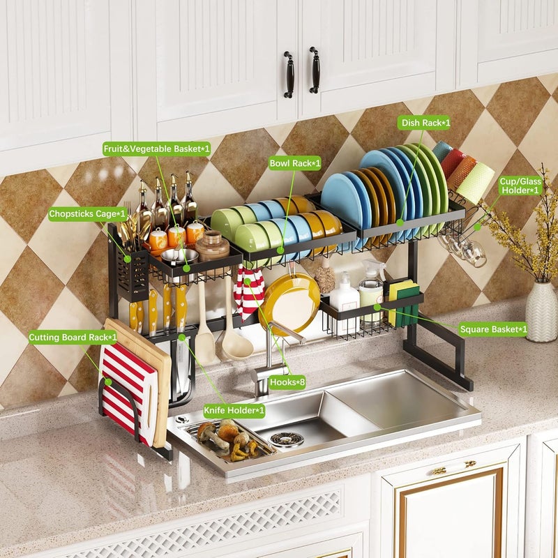 Pusdon Over Sink Stainless Steel Dish Drying Rack (27in-38in), 2 Tier, Black, 37in - Image 4