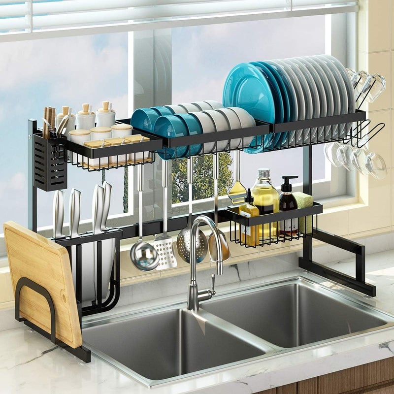 Pusdon Over Sink Stainless Steel Dish Drying Rack (27in-38in), 2 Tier, Black, 37in - Image 1