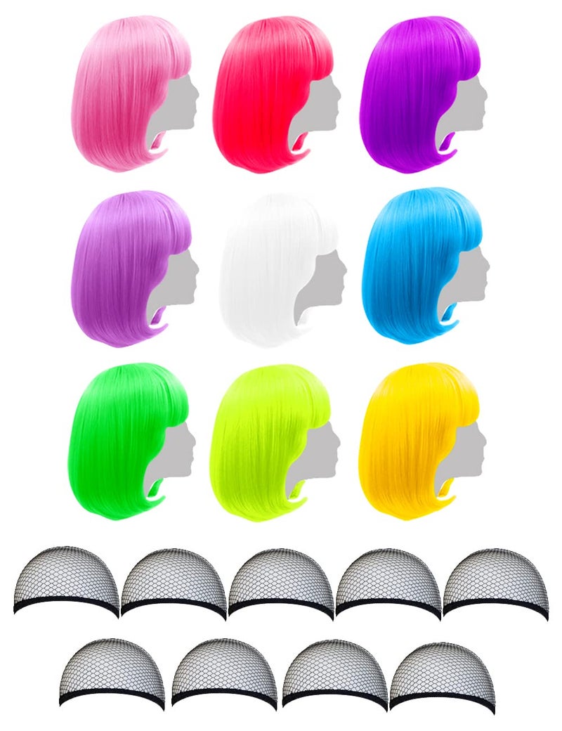 LIULIUBTY 9 Pieces Short Bob Hair Wigs 12" Straight with Flat Bangs Synthetic Fluorescence Colorful Cosplay Daily Party Costume for Women+ Free Wig Cap (Colors Set 2,with Wig Cap) - Image 1