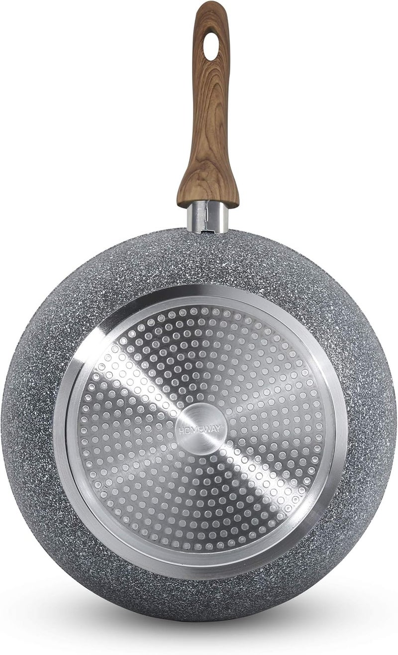 Homeway - 28cm 5 Layer Non-stick Marble Coated Wok Pan with 3mm Thickness, Forged Construction, Soft Touch Wooden Handle, Induction Friendly, Grey - HW3417 - Image 4