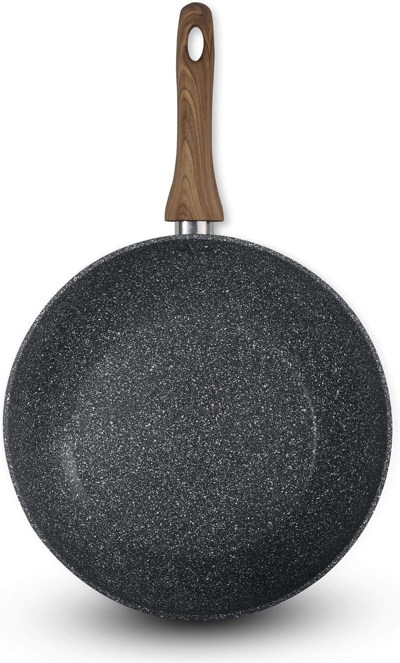 Homeway - 28cm 5 Layer Non-stick Marble Coated Wok Pan with 3mm Thickness, Forged Construction, Soft Touch Wooden Handle, Induction Friendly, Grey - HW3417 - Image 3