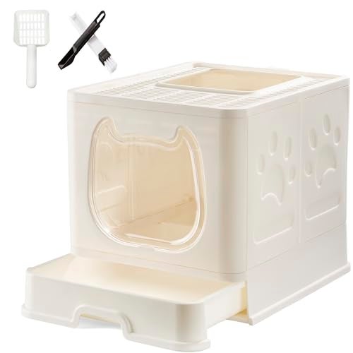 Gefryco Foldable Cat Litter Box with LidCovered Litter Box for Small and Medium Cats Enclosed Cat Potty with Scoop and Brush Top Entry Cute Kitten Litter Tray with Drawer and Top CoverWhite - Image 1