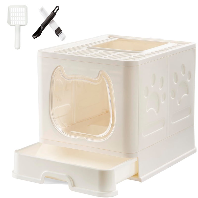 Gefryco Foldable Cat Litter Box with LidCovered Litter Box for Small and Medium Cats Enclosed Cat Potty with Scoop and Brush Top Entry Cute Kitten Litter Tray with Drawer and Top CoverWhite - Image 2