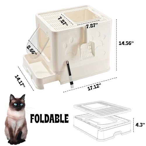 Gefryco Foldable Cat Litter Box with LidCovered Litter Box for Small and Medium Cats Enclosed Cat Potty with Scoop and Brush Top Entry Cute Kitten Litter Tray with Drawer and Top CoverWhite - Image 3