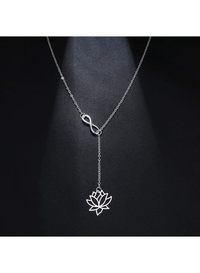 Necklace Simple Flower Lotus - Plated Sliver  - Image 3