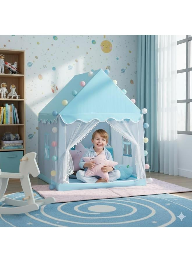 Kids Indoor Playhouse Tent with Windows & Curtains – Blue Star Design - Image 2