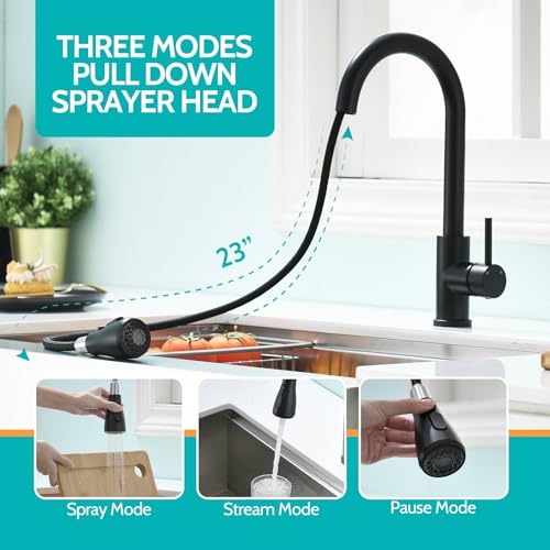 Kicimpro Matte Black Kitchen Faucet with Pull Down Sprayer, 304 Stainless Steel, 23-Inch Extended Hose Design, Three Water Functional Ways, Easy Installation - Image 2