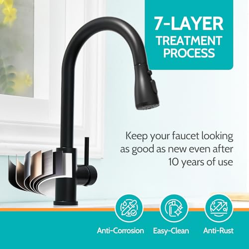 Kicimpro Matte Black Kitchen Faucet with Pull Down Sprayer, 304 Stainless Steel, 23-Inch Extended Hose Design, Three Water Functional Ways, Easy Installation - Image 4