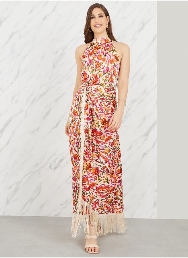 Styli - Ikat Print Halter Neck Wrap Style Maxi Dress with Tassel Detail - Image 1