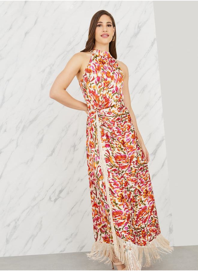 Styli - Ikat Print Halter Neck Wrap Style Maxi Dress with Tassel Detail - Image 1
