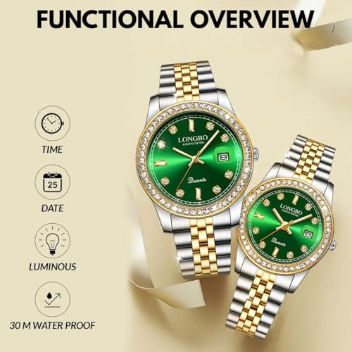 LONGBO Harmony Analogue Couple Watch Set - Elegant Dual Tone Band Rhinestone Studded Case, Stainless Steel Band | Marriage Gift Set for Men and Women (Silver-Gold-Silver) - Image 3