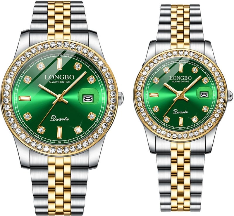 LONGBO Harmony Analogue Couple Watch Set - Elegant Dual Tone Band Rhinestone Studded Case, Stainless Steel Band | Marriage Gift Set for Men and Women (Silver-Gold-Silver) - Image 1
