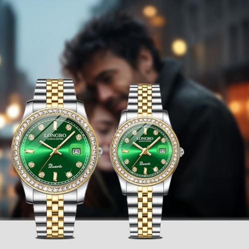 LONGBO Harmony Analogue Couple Watch Set - Elegant Dual Tone Band Rhinestone Studded Case, Stainless Steel Band | Marriage Gift Set for Men and Women (Silver-Gold-Silver) - Image 2
