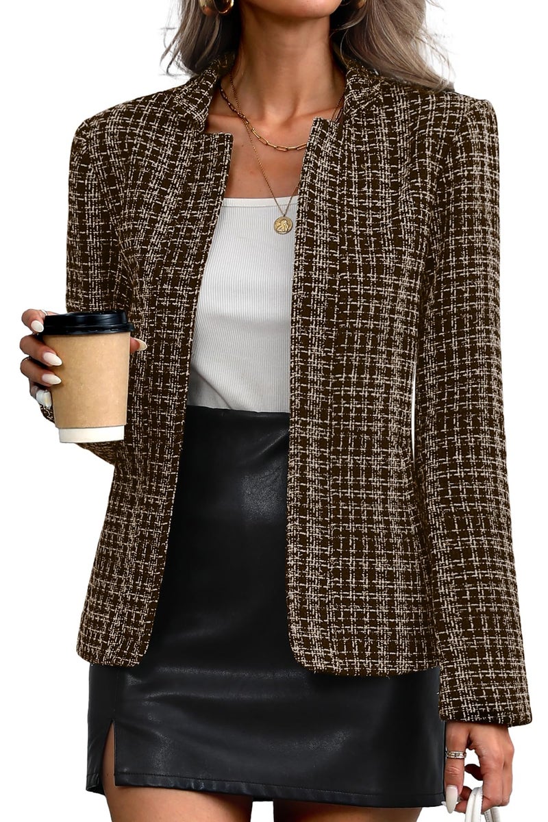 ELLEVEN Womens Blazer Business Casual Suit Jacket Tweed Blazers for Women Slim Fit Fitted Long Sleeve Stand Collar Blazer Dressy Full Lining Coat Cardigan with Padded Shoulder Brown XX-Large - Image 1