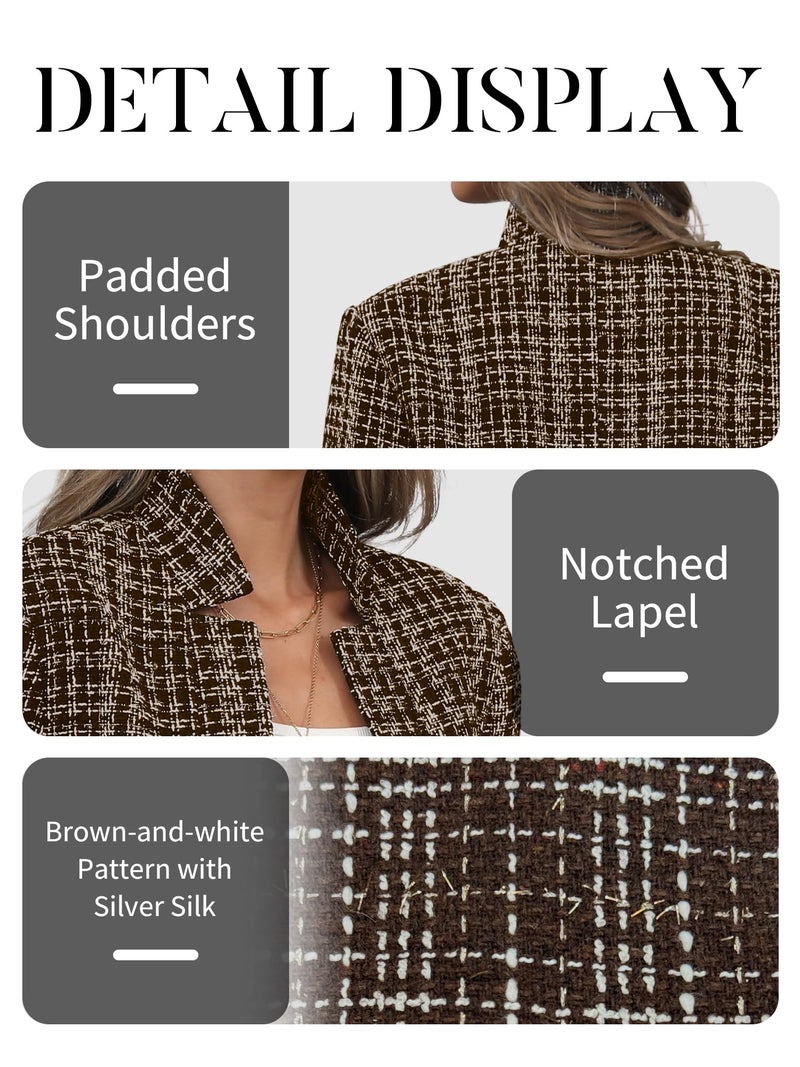ELLEVEN Womens Blazer Business Casual Suit Jacket Tweed Blazers for Women Slim Fit Fitted Long Sleeve Stand Collar Blazer Dressy Full Lining Coat Cardigan with Padded Shoulder Brown XX-Large - Image 5