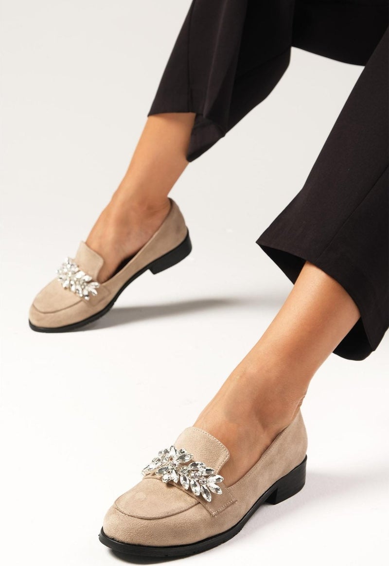 Mio Gusto Matilda Beige Stoned Women's Oxford Flat Shoes  - Image 4