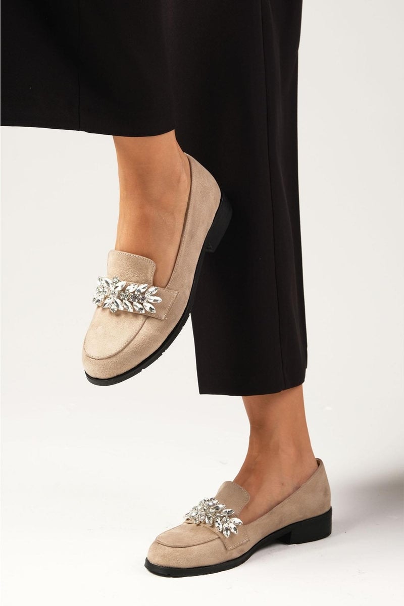 Mio Gusto Matilda Beige Stoned Women's Oxford Flat Shoes  - Image 5