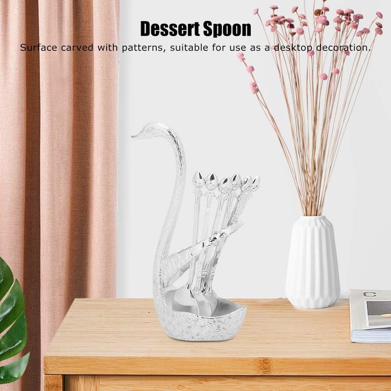 Zinc Alloy Dessert Spoons Set, Gold 6 Pieces with Swan - Shaped Holder, Wear - Tableware - Durable, Decorative, Ideal for Kitchen and Wedding Supplies (Pattern silver with 6 spoons) - Image 2